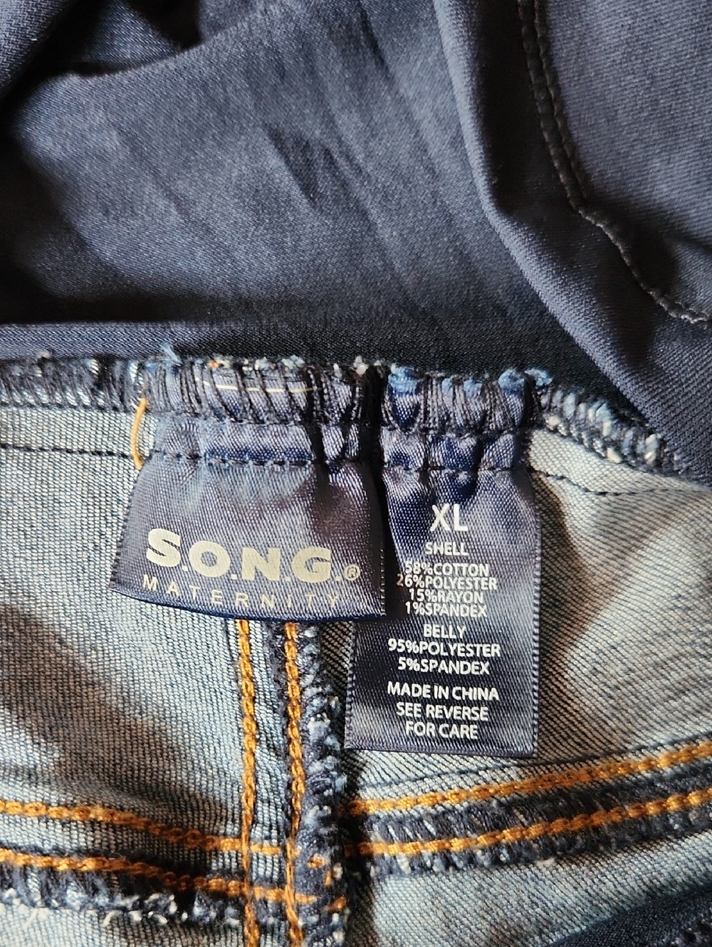 S.O.N.G Maternity Distressed Denim Shorts with Blue Belly Panel - Picture 2 of 3